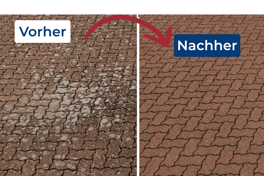 Vorher-Nachher-Vergleich stark verschmutzter Verbundpflastersteine und der sauberen Pflasterfläche nach professioneller Hochdruckreinigung.