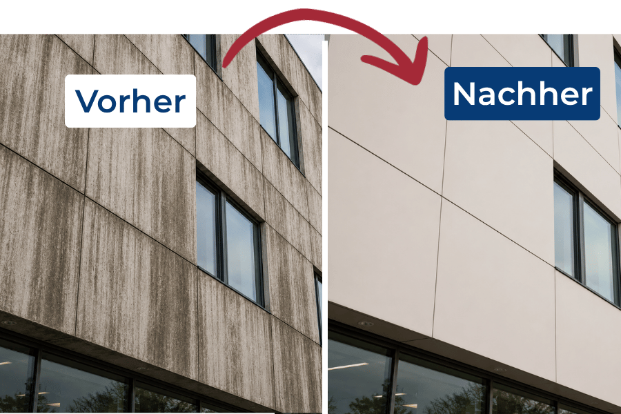 Vorher-Nachher-Vergleich einer stark verschmutzten Gebäudefassade und der sauberen Fassadenplatten nach professioneller Fassadenreinigung.