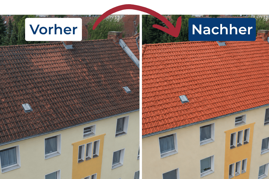 Vorher-Nachher-Vergleich eines verschmutzten Ziegeldachs und sauberer roter Dachziegel nach professioneller Dachreinigung an einem Mehrfamilienhaus.