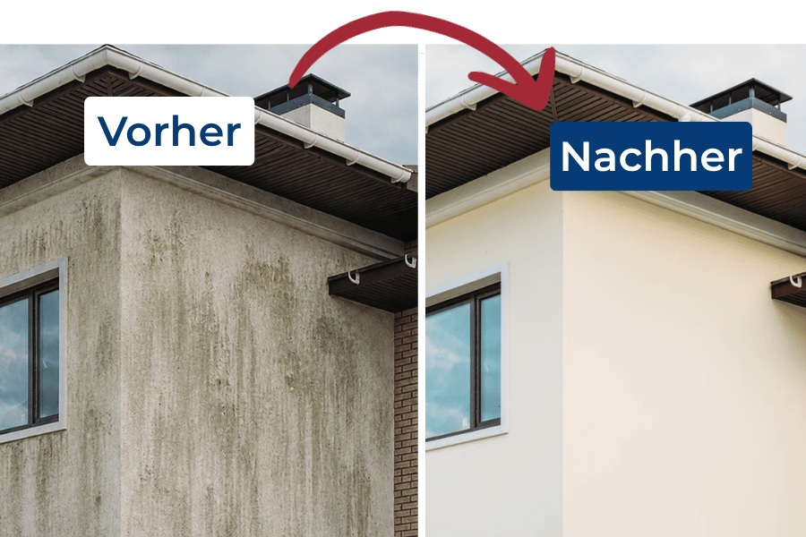 Vorher-Nachher-Vergleich einer stark verschmutzten Hausfassade mit Algenbelag und der sauberen Außenwand nach professioneller Fassadenreinigung.